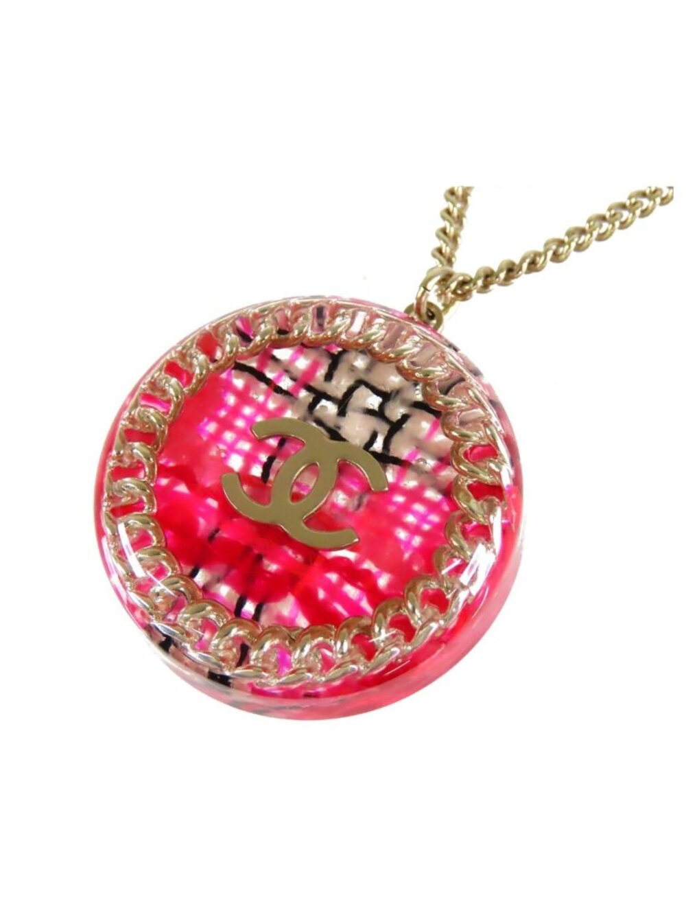 Chanel Tweed Chain Round Pendant Pink Gold Metal Resin 14S Necklace
